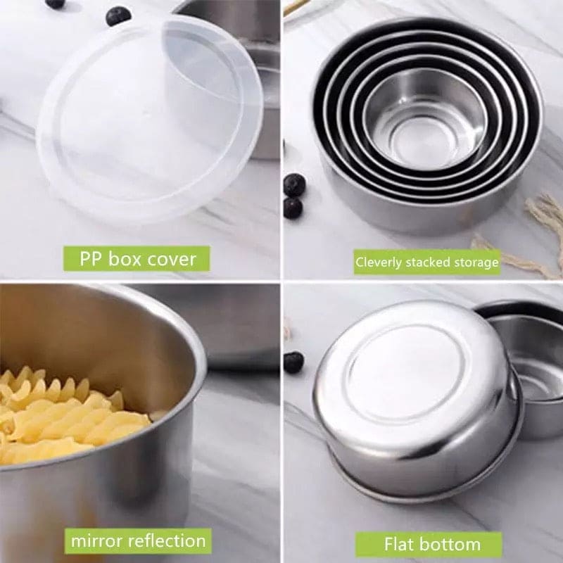 Set Of 5 Stainless Steel Vessel With Lids, Mixing Crisper Food Container Bowls, Chef Buddy Stainless Steel Bowl Set, Classic Cuisine Metal Fresh Keeping Bowls Set Of 5 Stainless Steel Vessel With Lids, Mixing Crisper Food Container Bowls, Chef Buddy Stainless Steel Bowl Set, Classic Cuisine Metal Fresh Keeping Bowls